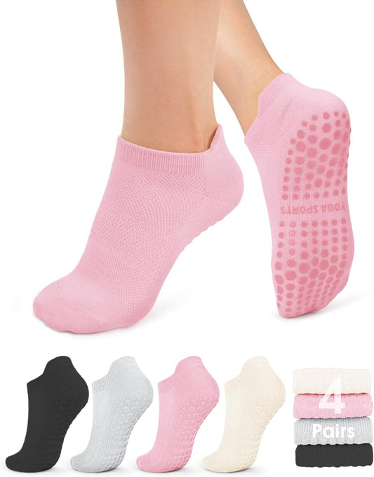4/6 Pairs Pilates Socks for Women - Non Slip Grip Socks for Yoga, Barre, Hospital, Barefoot