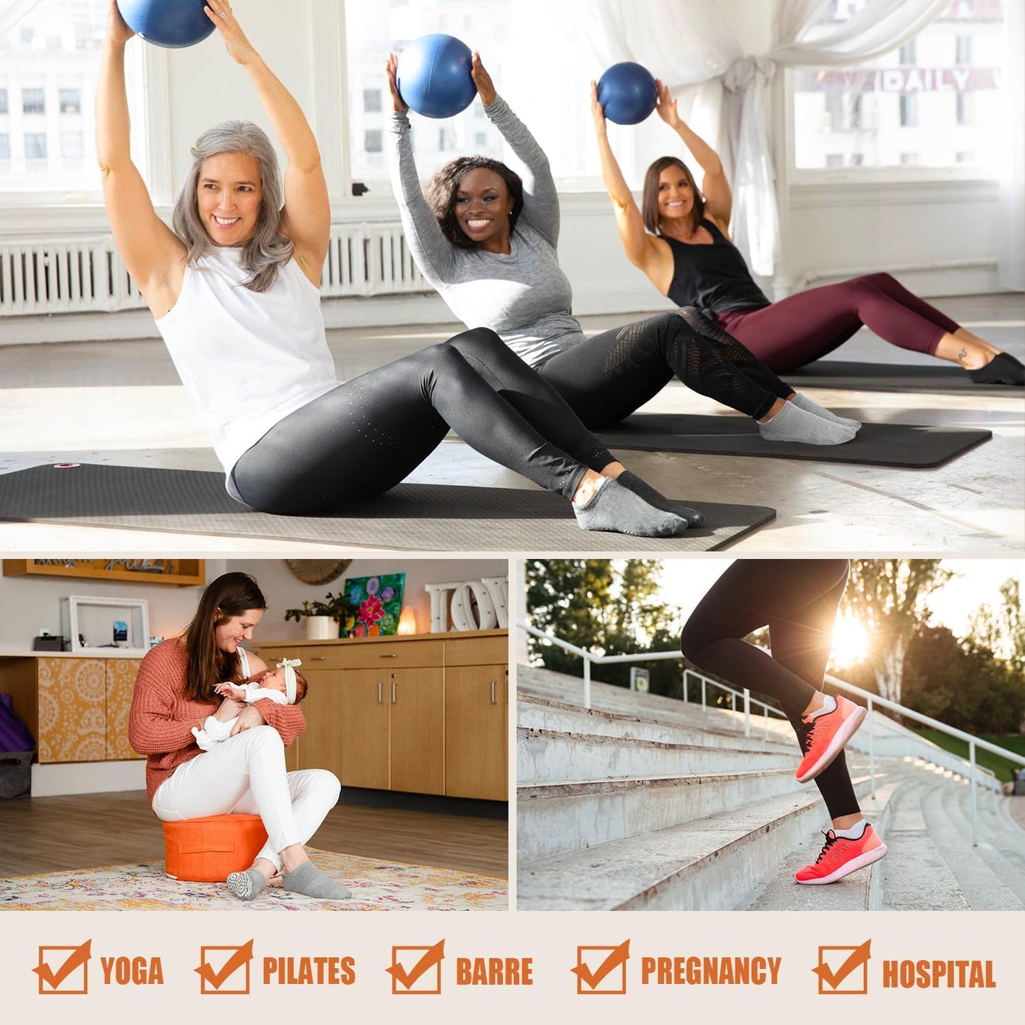 4/6 Pairs Pilates Socks for Women - Non Slip Grip Socks for Yoga, Barre, Hospital, Barefoot