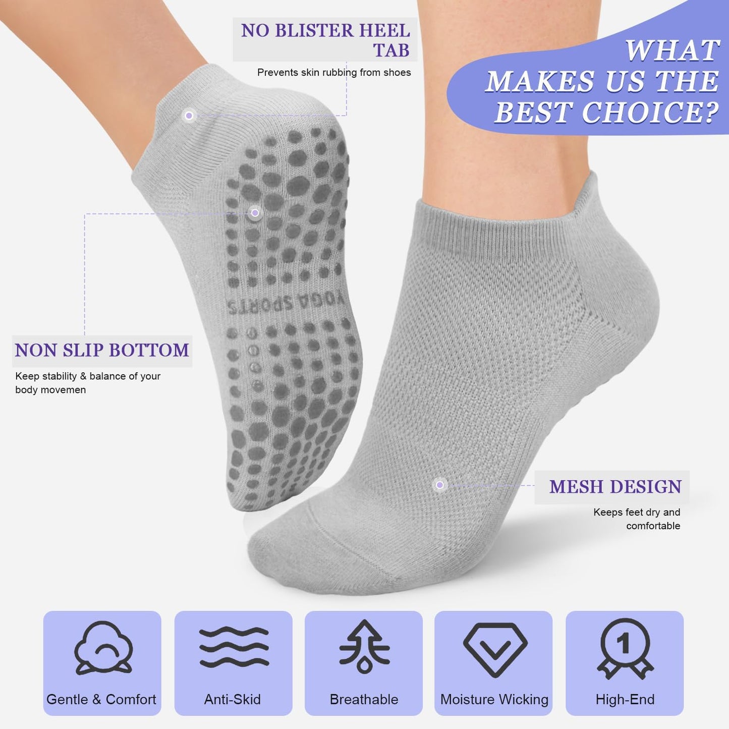 4/6 Pairs Pilates Socks for Women - Non Slip Grip Socks for Yoga, Barre, Hospital, Barefoot